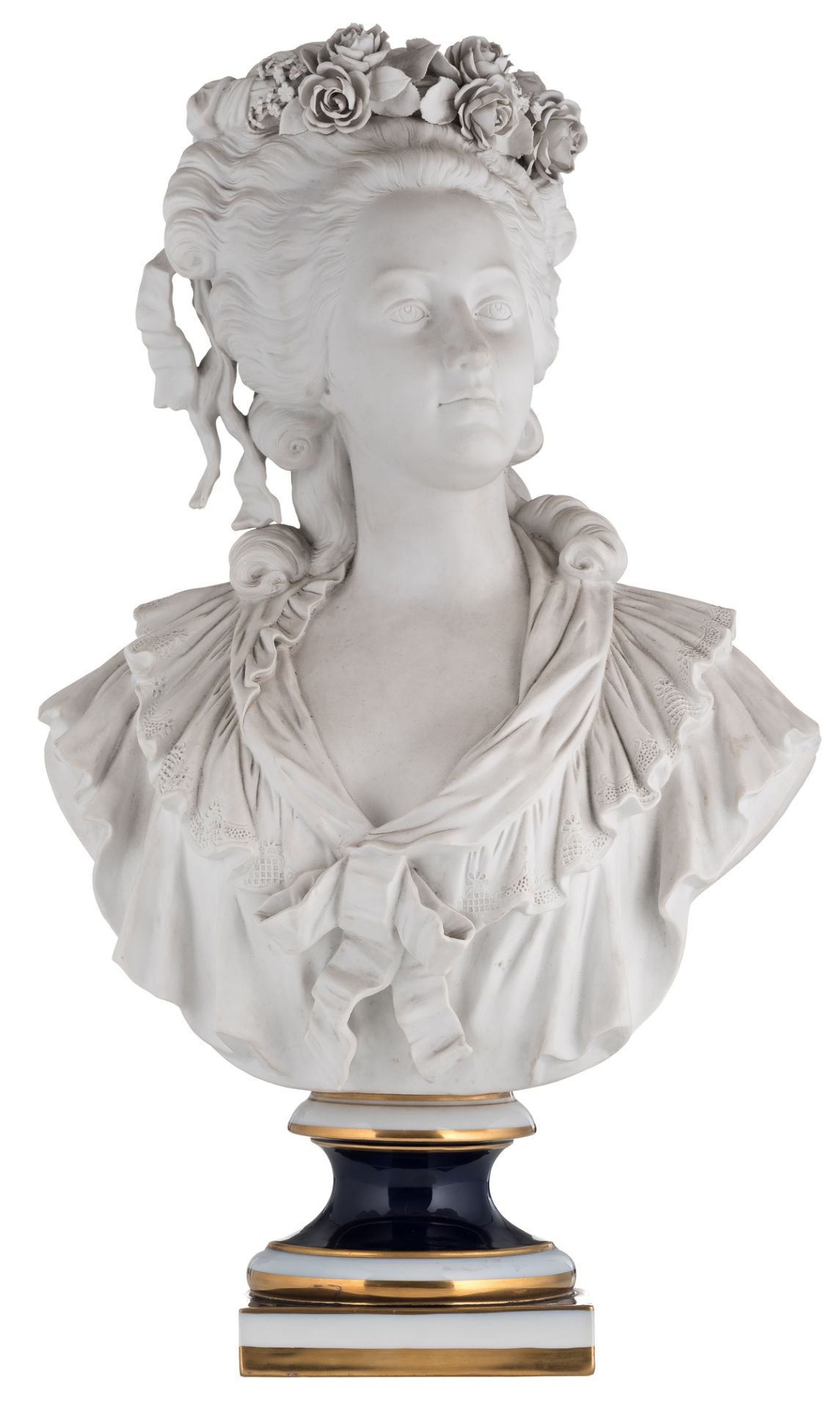 A bust of Marie Antoinette, biscuit, on a partly gilt porcelain base, marked Sèvres, H 63 cm
