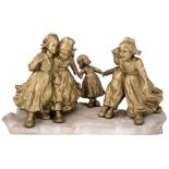 D'Aste G., gilt bronze sculpture, depicting a band of jolly Dutch children, on a Carrara marble base