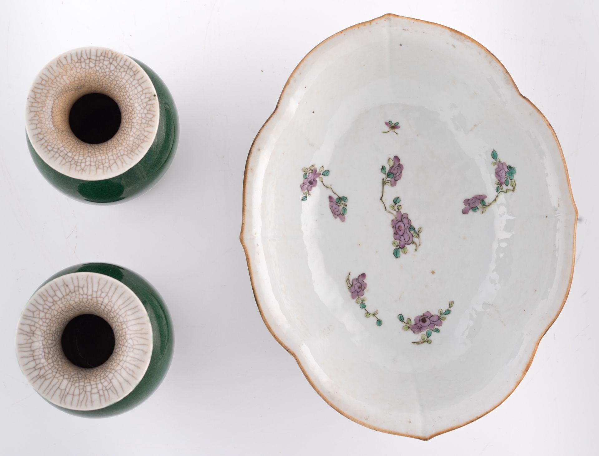 A Chinese famille rose footed dish with lobed edge, decorated with an animated scene; added two ditt - Image 6 of 7