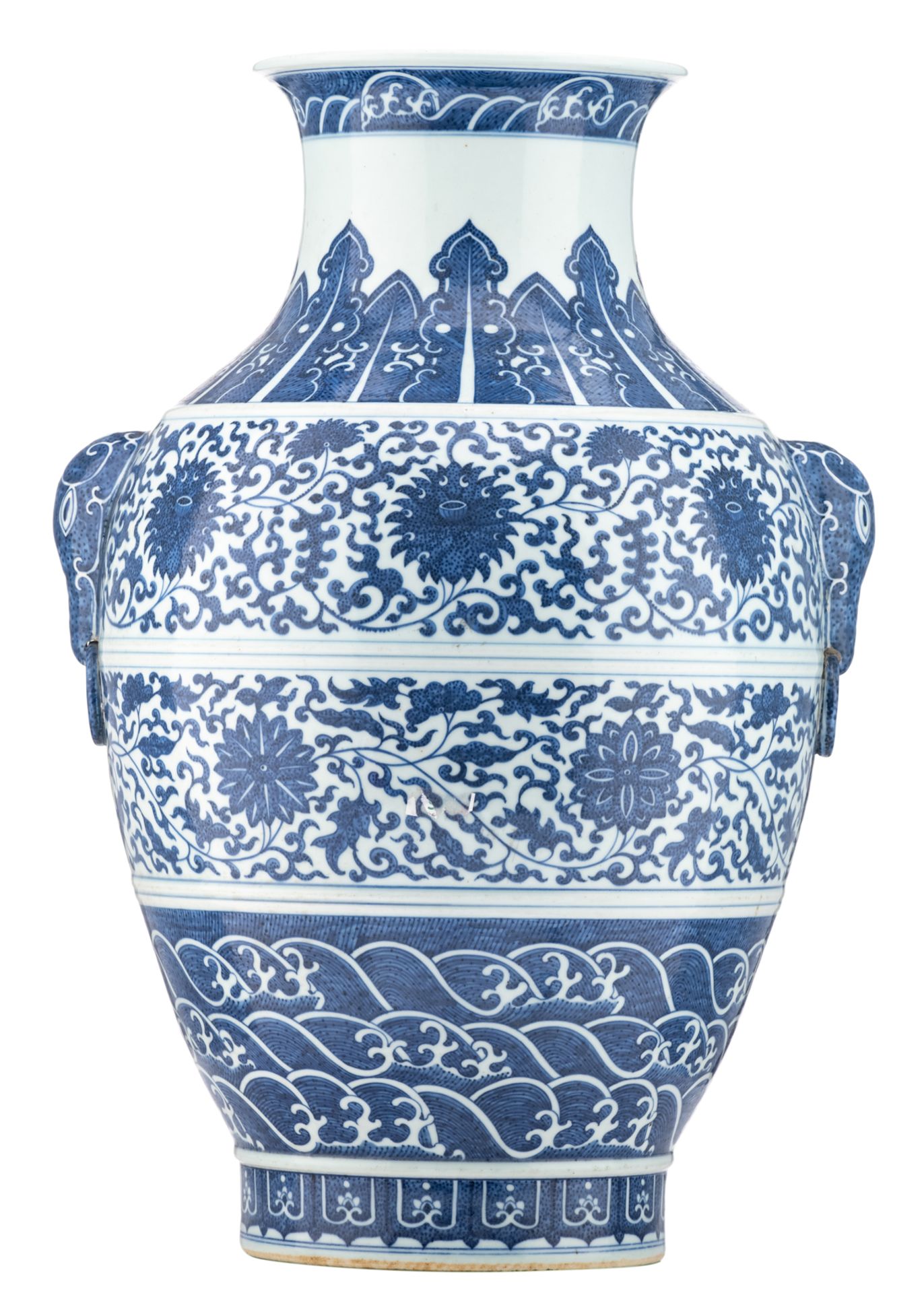 A large Chinese blue and white vase, the friezes decorated with leaves, scrolling lotus and waves, t