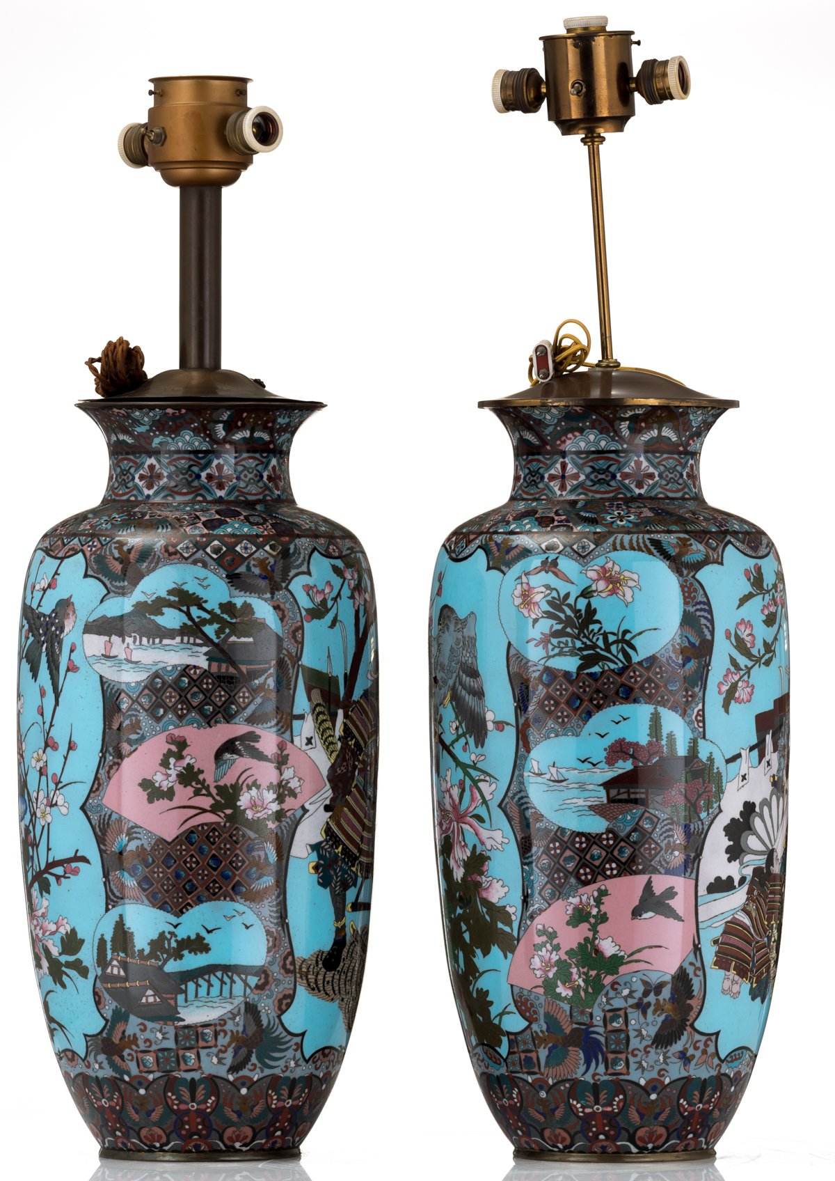 Two Japanese pale blue ground cloisonné enamel vases, the panels decorated with birds on flower bran - Image 4 of 7