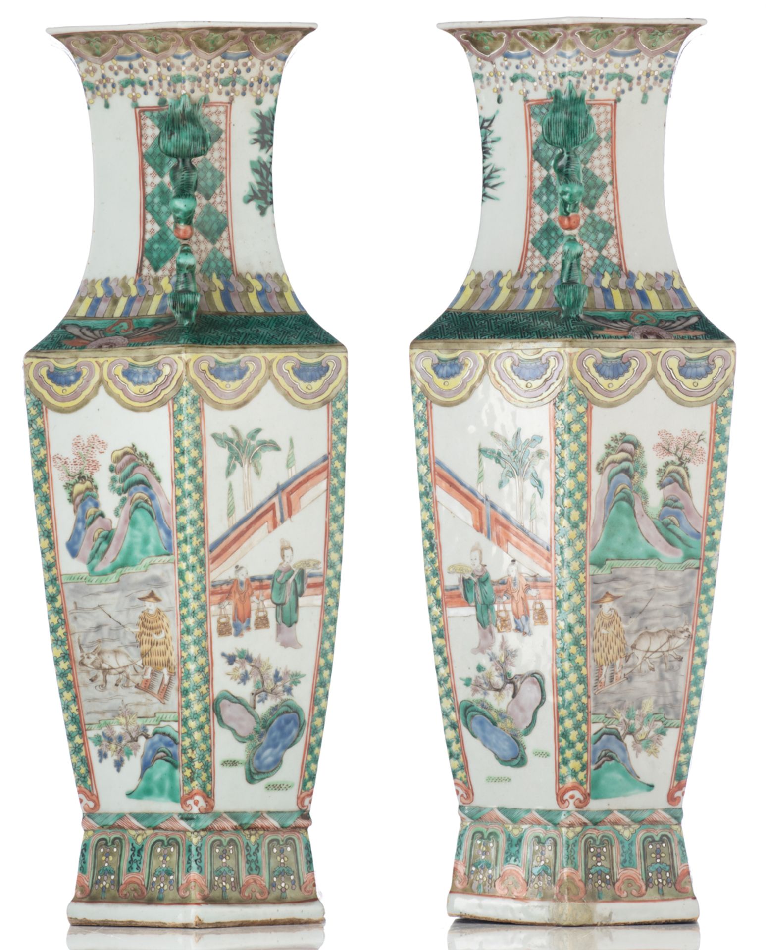 A pair of Chinese famille verte hexagonal vases, the panels decorated with daily life scenes, 19thC, - Image 4 of 6