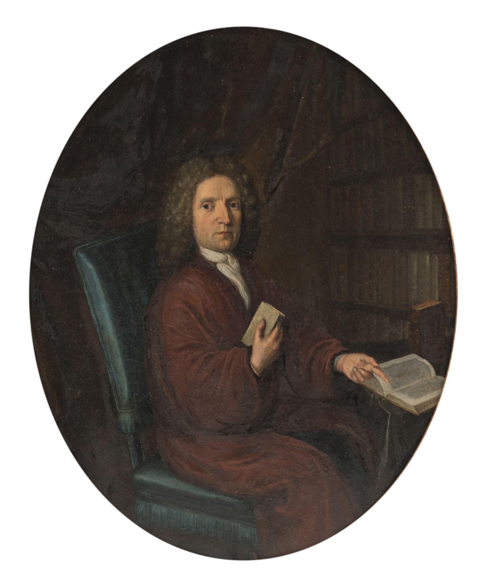 No visible signature, portrait of a bibliophile, 18thC, oil on copper, 31,5 x 38,5 cm