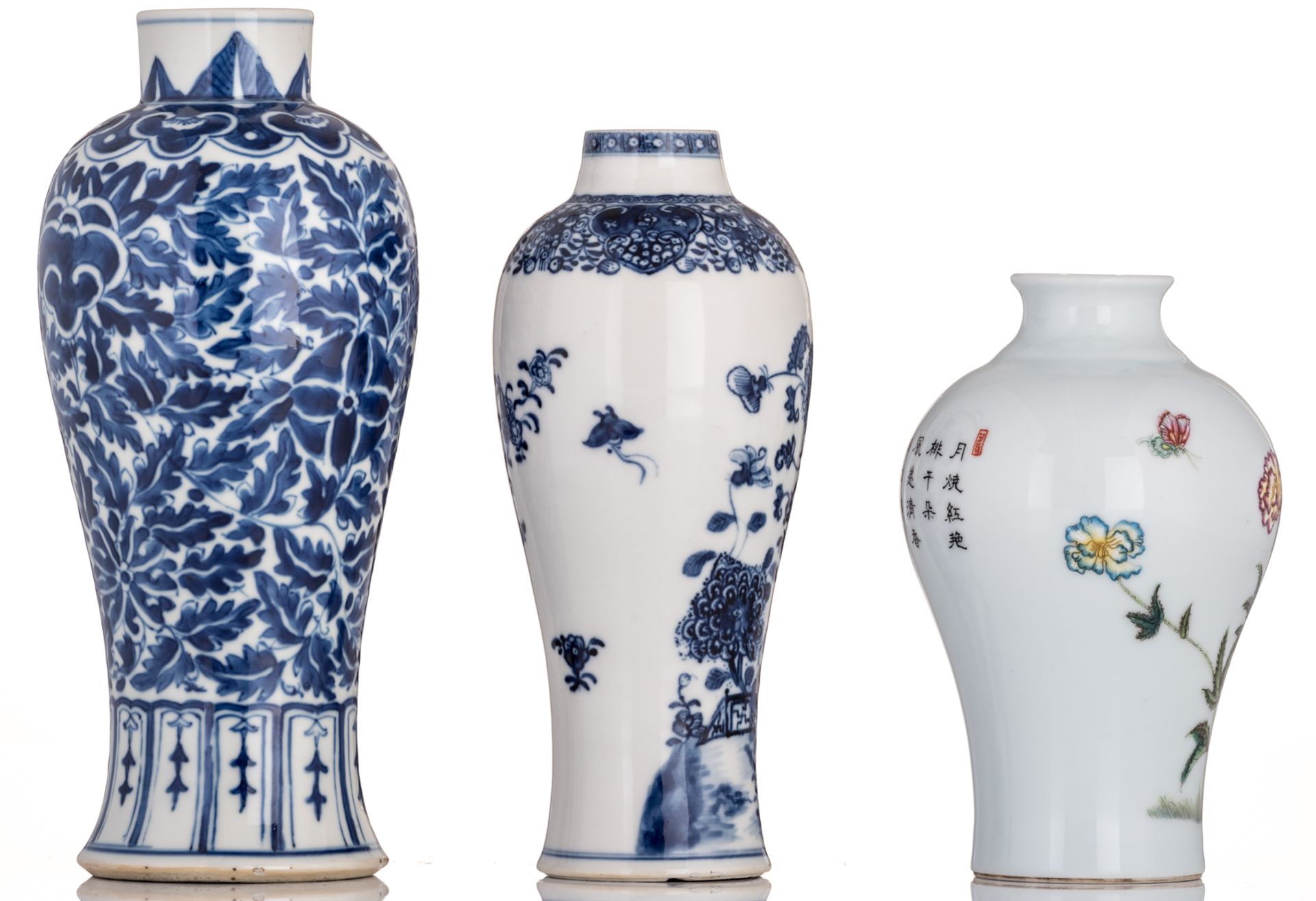 Two Chinese blue and white floral decorated meiping vases; added a ditto famille rose vase, decorate - Image 4 of 7