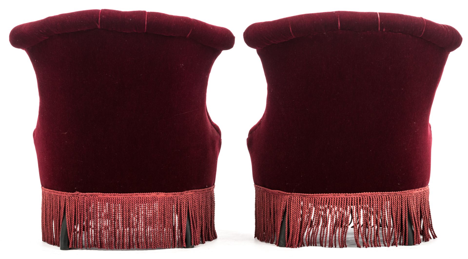 A pair of Napoleon III red velvet 'crapauds', H 75,5 - W 70 -D 77 cm - Image 3 of 6