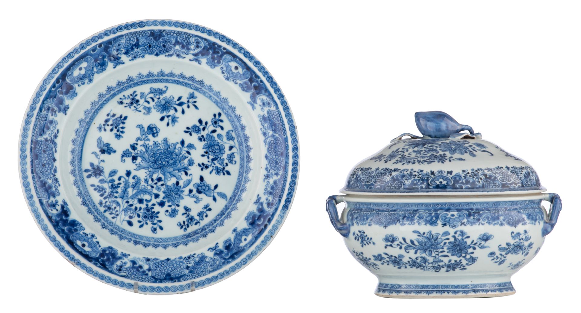 A Chinese blue and white floral decorated export porcelain tureen and plate, the knob peach shaped,