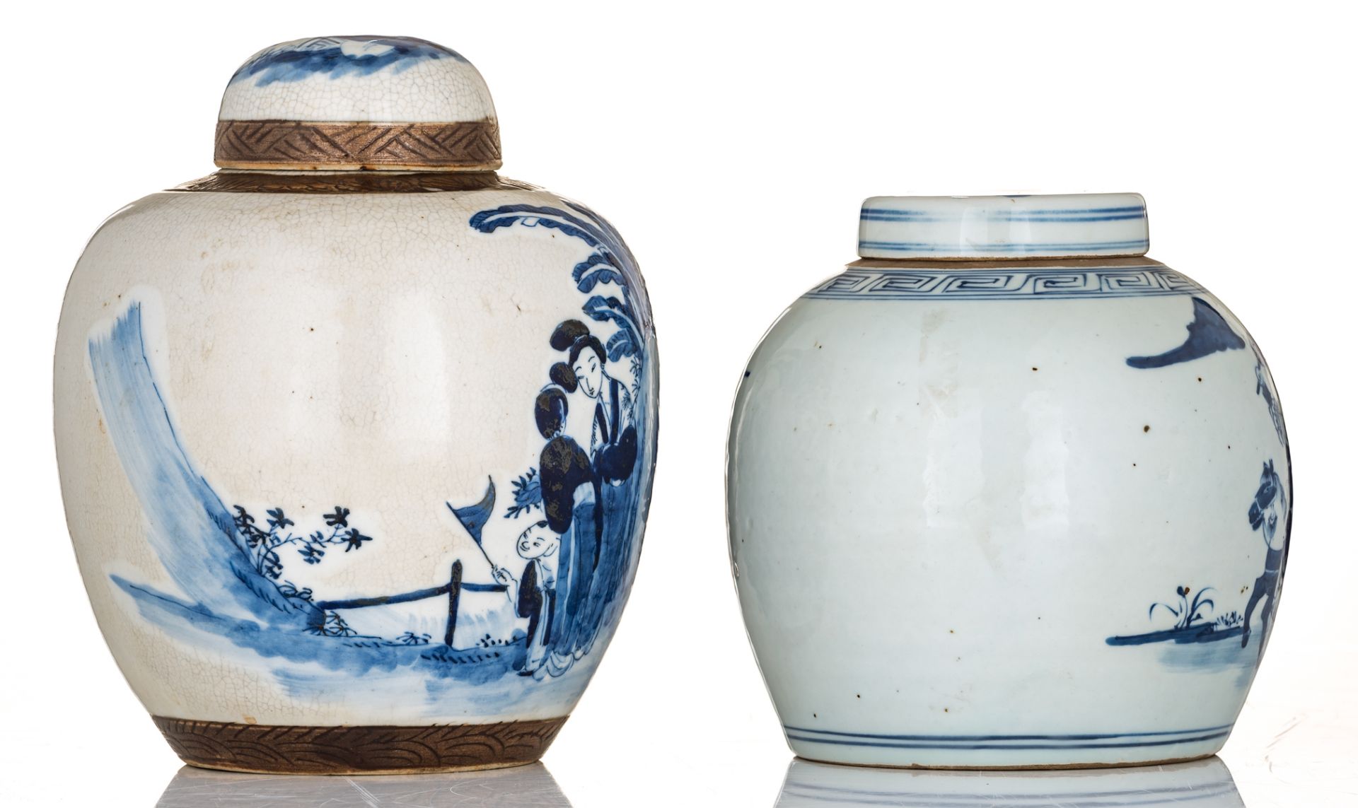 A ginger jar, blue & white decorated with a warrior scene, 18th/19thC; added a ditto stoneware jar, - Image 4 of 6