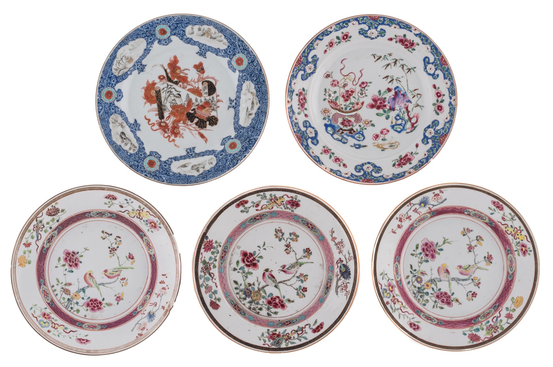 Three Chinese famille rose dishes, decorated with birds on flower branches; added two ditto famille