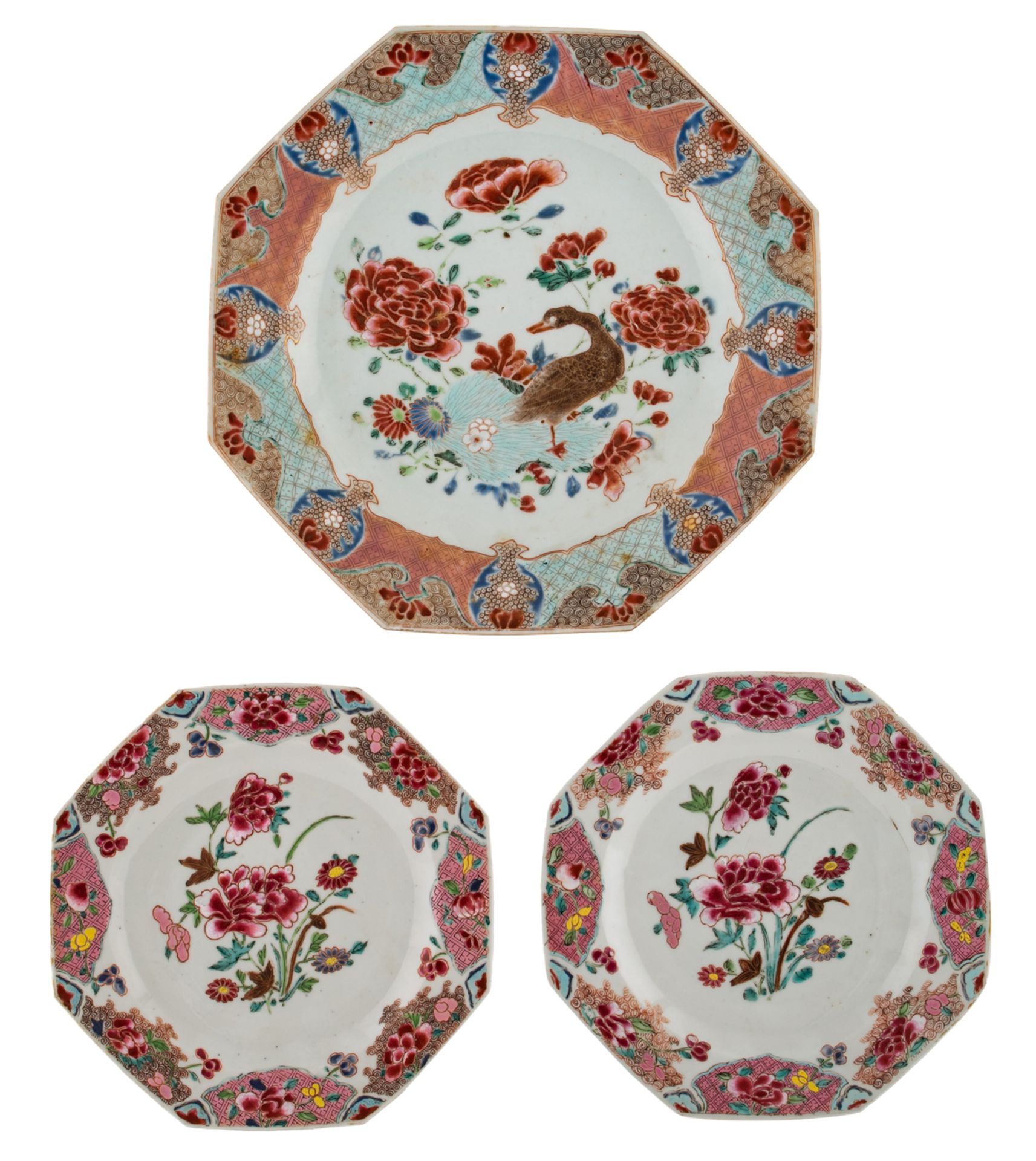 A Chinese famille rose octagonal plate, floral decorated with a goose; added two ditto dishes, 18thC