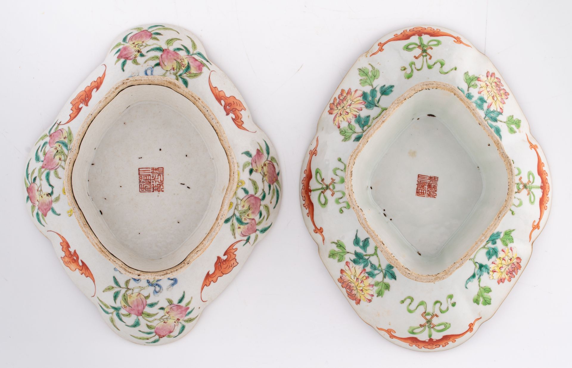 Two Chinese famille rose and polychrome footed plates, decorated with flowers, bats and auspicious s - Image 7 of 9