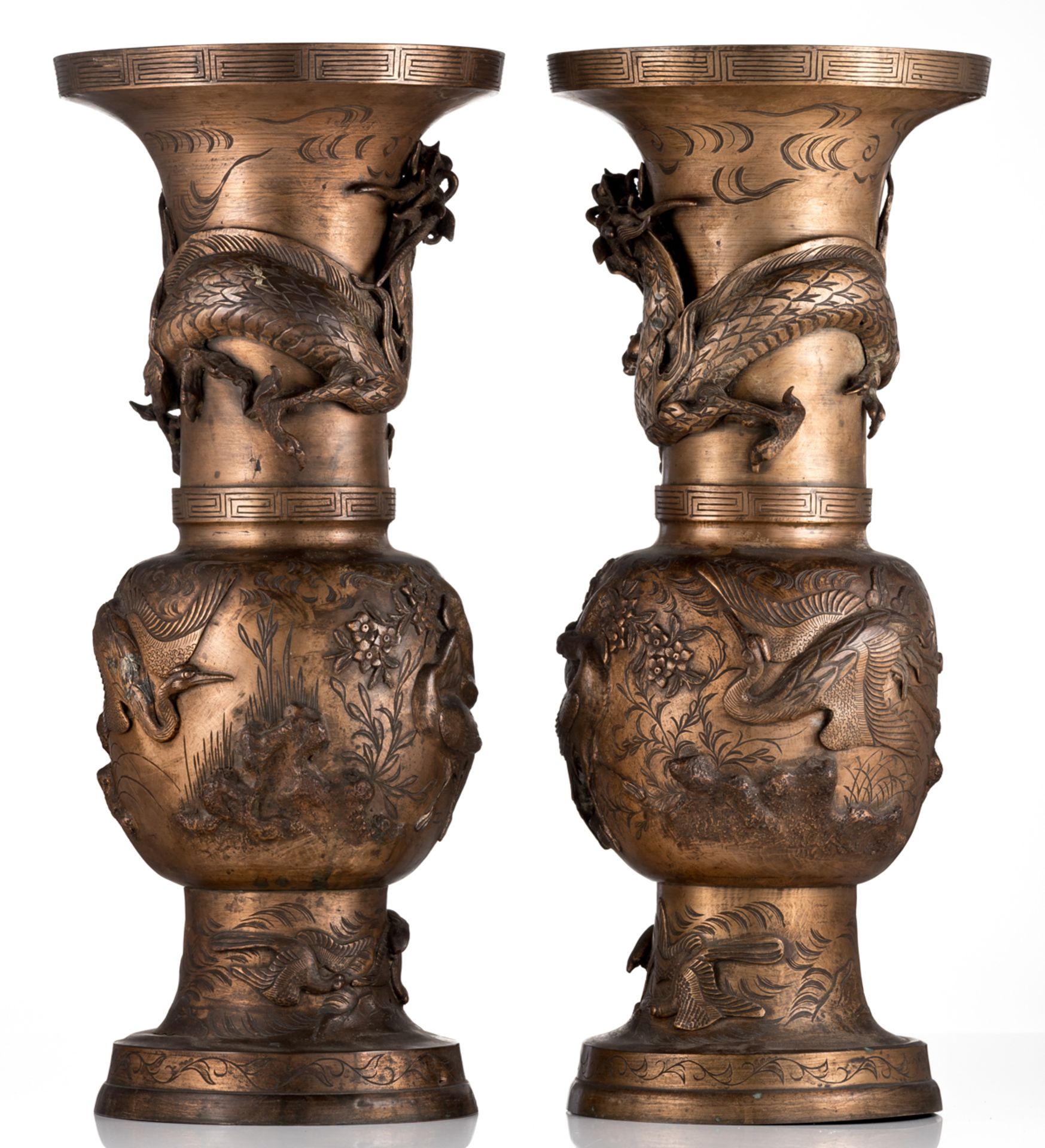 A pair of Japanese gilt bronze ornamental vases, overall relief decorated with birds, flowers and a - Bild 2 aus 6