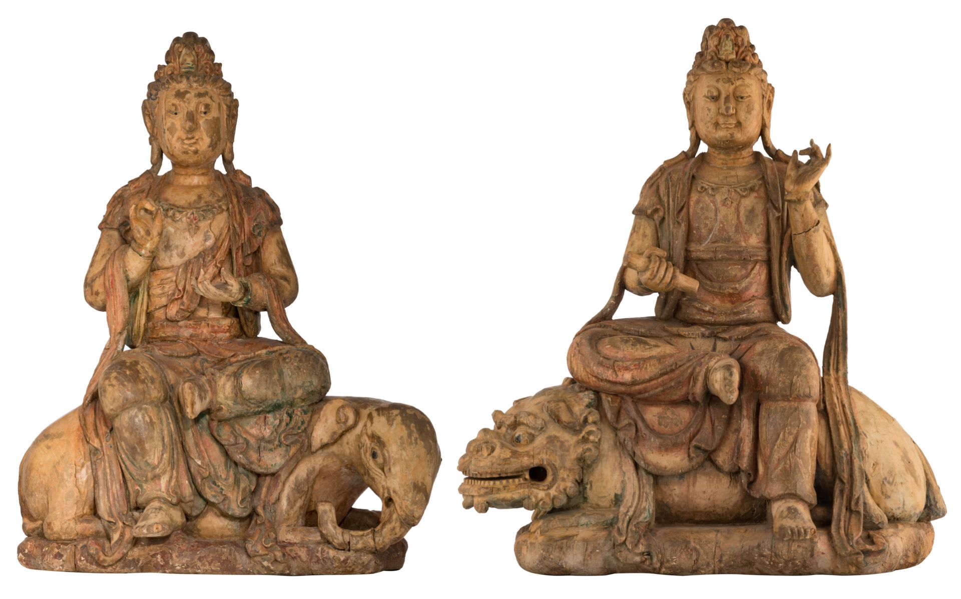 Two wooden sculptures representing Puxian Pusa on his mount and Wenshu Pusa on a lion, 16th - 17thC,