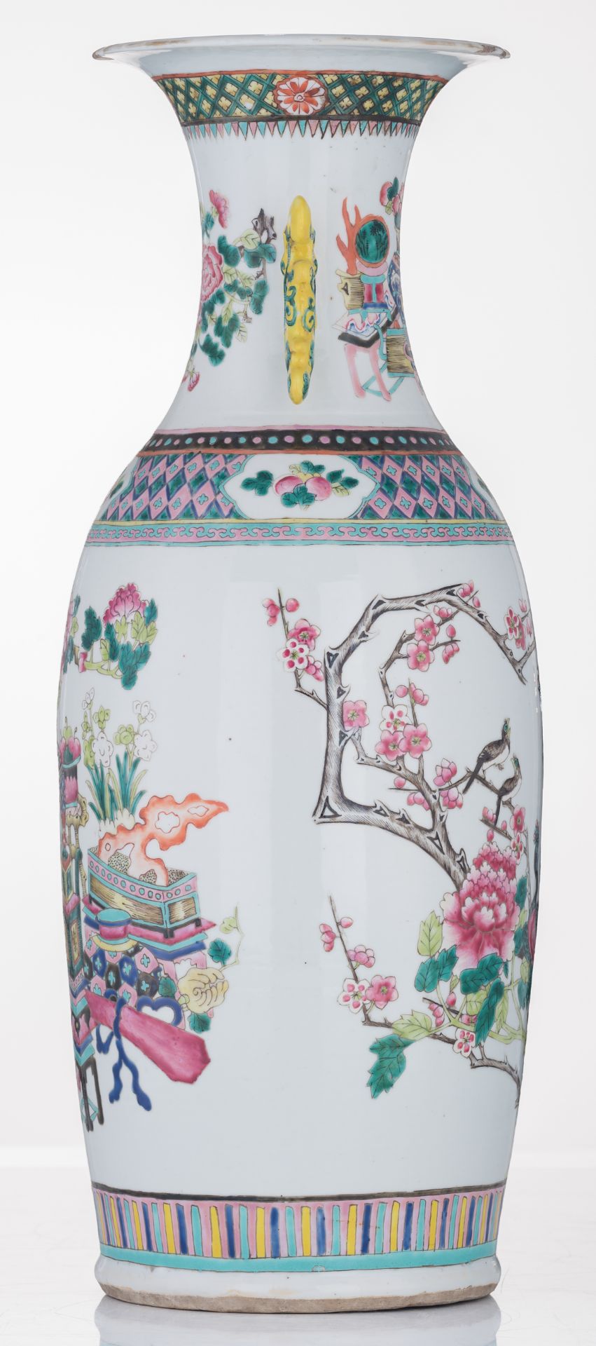 A Chinese famille rose vase, decorated with peacocks, flower branches, butterflies and antiquities, - Image 2 of 6