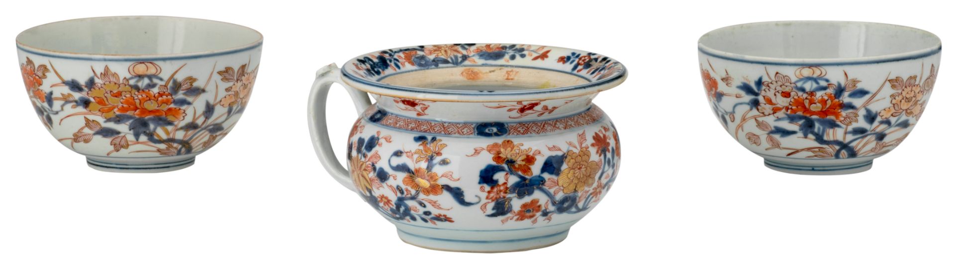 A lot of a Chinese Imari chamber pot and two bowls, decorated with flower branches, ca. 1740 - 1750,