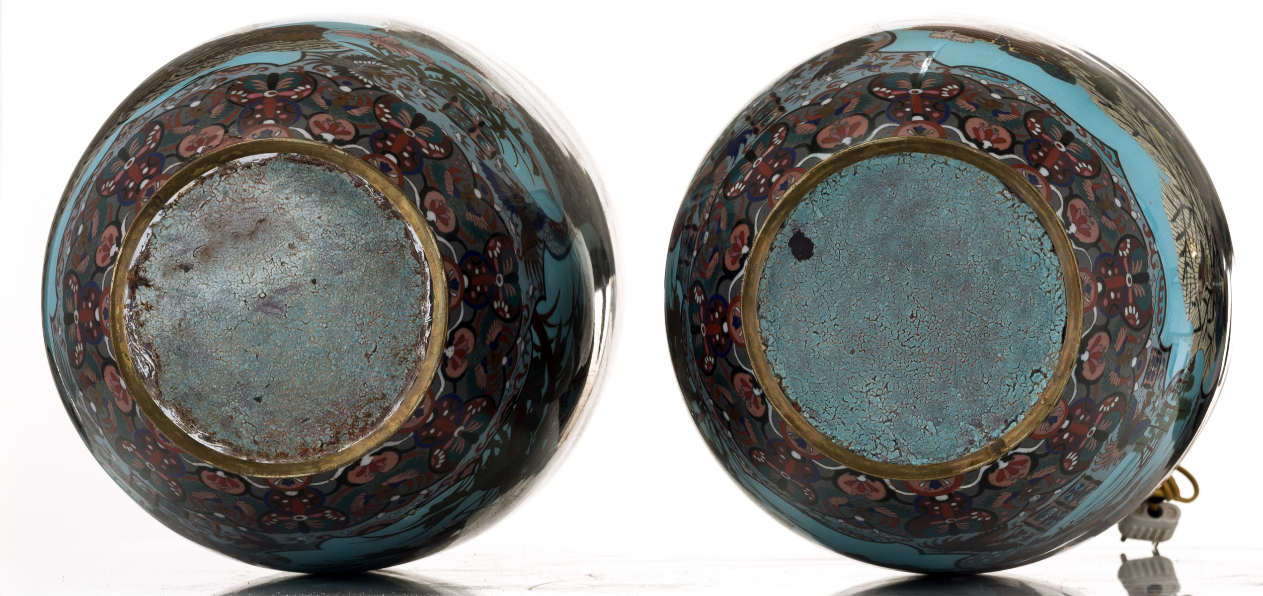 Two Japanese pale blue ground cloisonné enamel vases, the panels decorated with birds on flower bran - Image 7 of 7