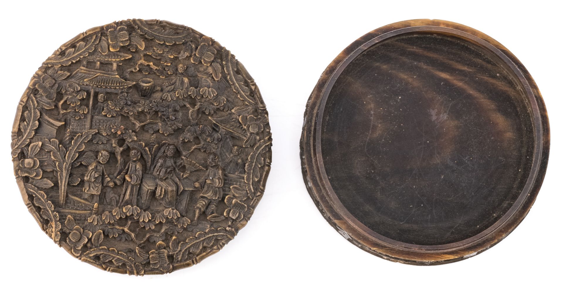 A Chinese tortoiseshell box and cover of flattened circular form, overall relief carved with figures - Image 3 of 4