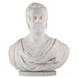 No visible signature, a Carrara marble bust of a noble man on a matching base, 19thC, H 57 (with bas