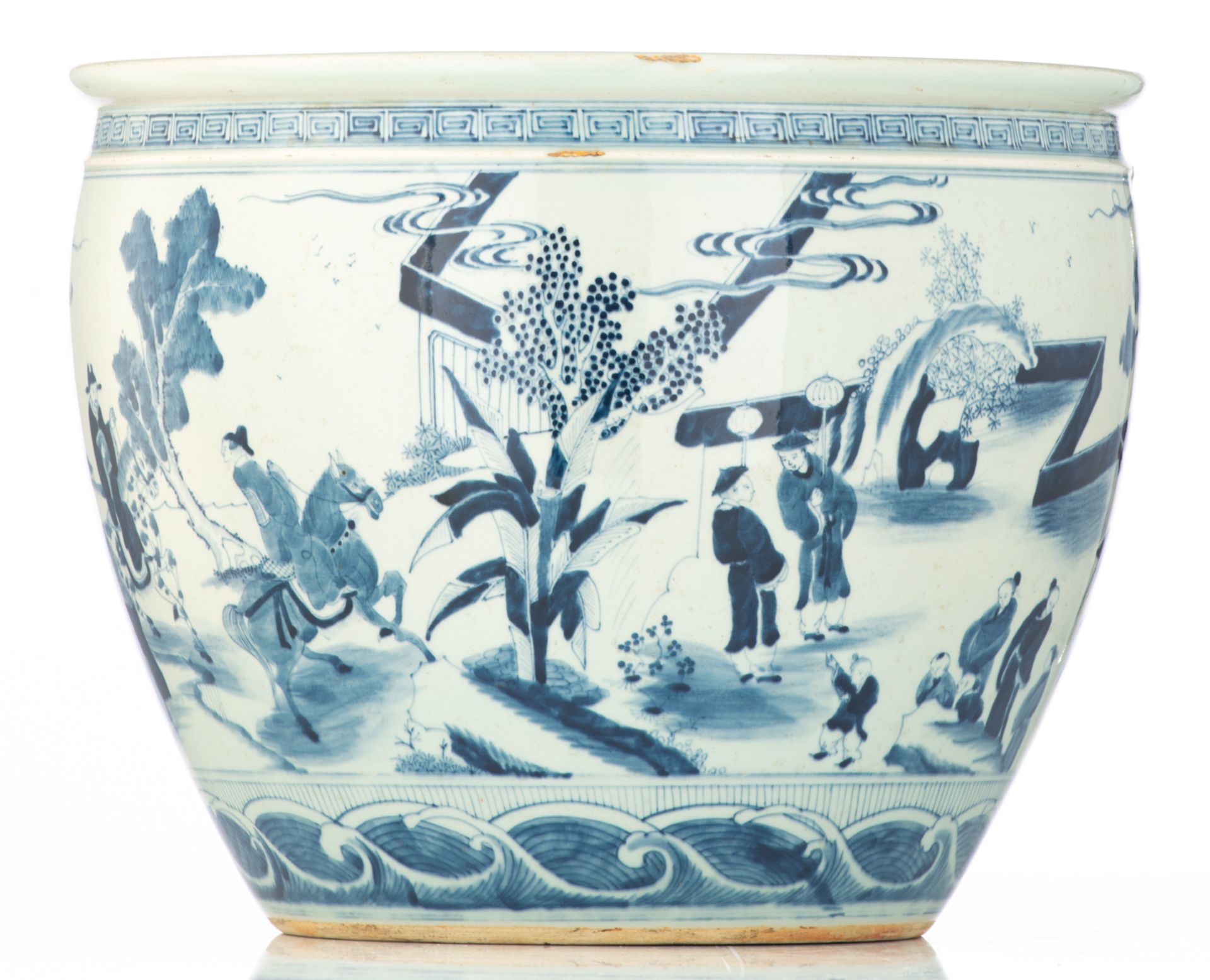 A Chinese blue and white jardiniere, decorated with daily life scenes, H 33 - ø 41,5 cm - Image 4 of 7