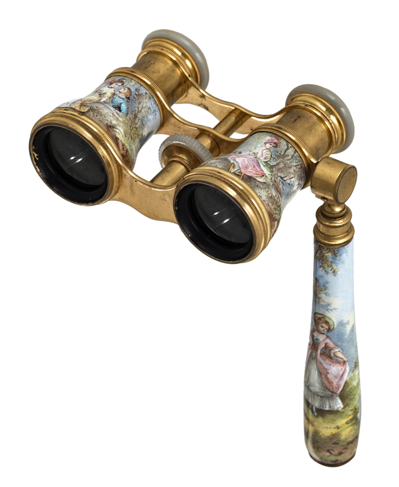 A Belle Epoque gilt brass, enamel and mother of pearl theatre binoculars, decorated with gallant sce