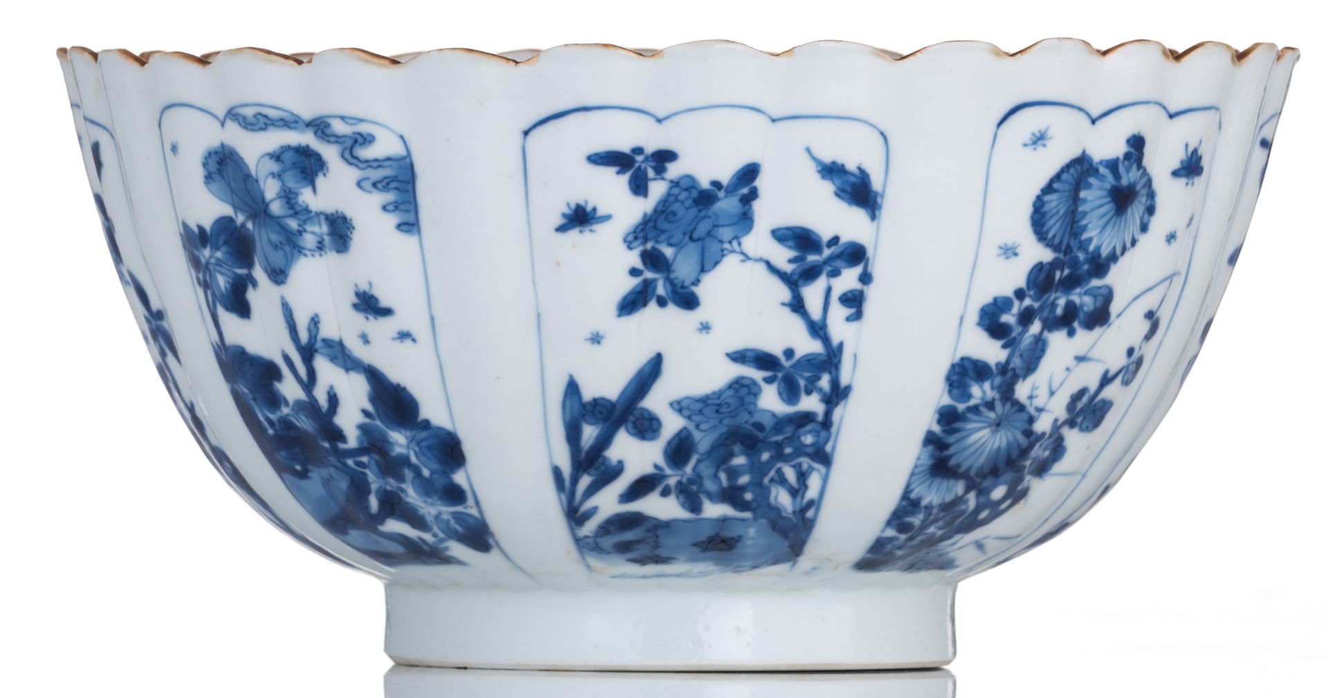 A Chinese blue and white deep fluted bowl and saucer with fluted rim, decorated with panels, filled - Image 3 of 8