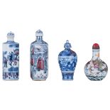 Four Chinese blue and white and polychrome decorated snuff bottles, one bottle with semi precious st