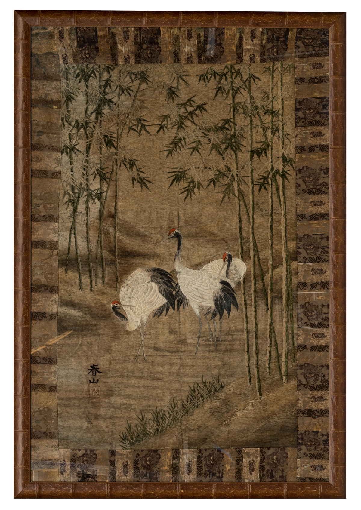 Two Japanese embroidered tapestries, one depicting cranes in a river landscape and one depicting coc - Image 2 of 5