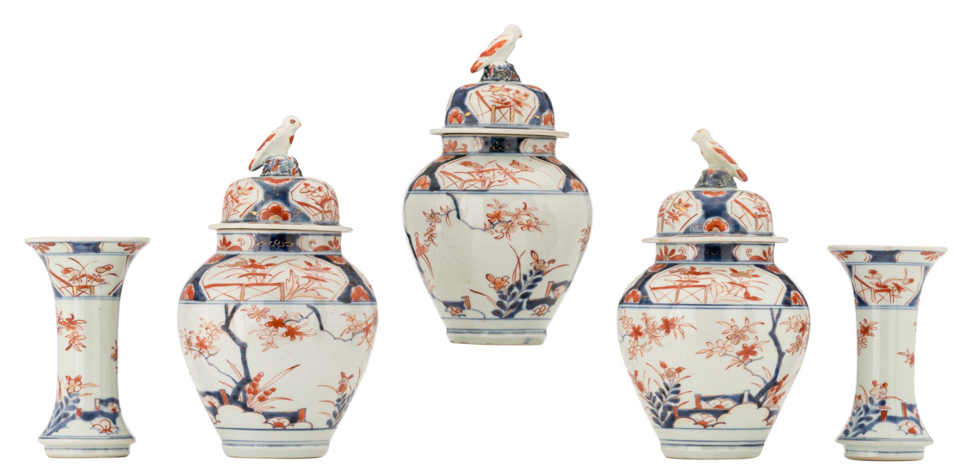 A Japanese Arita Imari five piece cabinet set, decorated with flower branches, 18thC, H 16 - 25 cm
