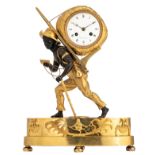 A French matted and polished gilt and patinated bronze mantle clock 'au bon sauvage', marked 'Fétil