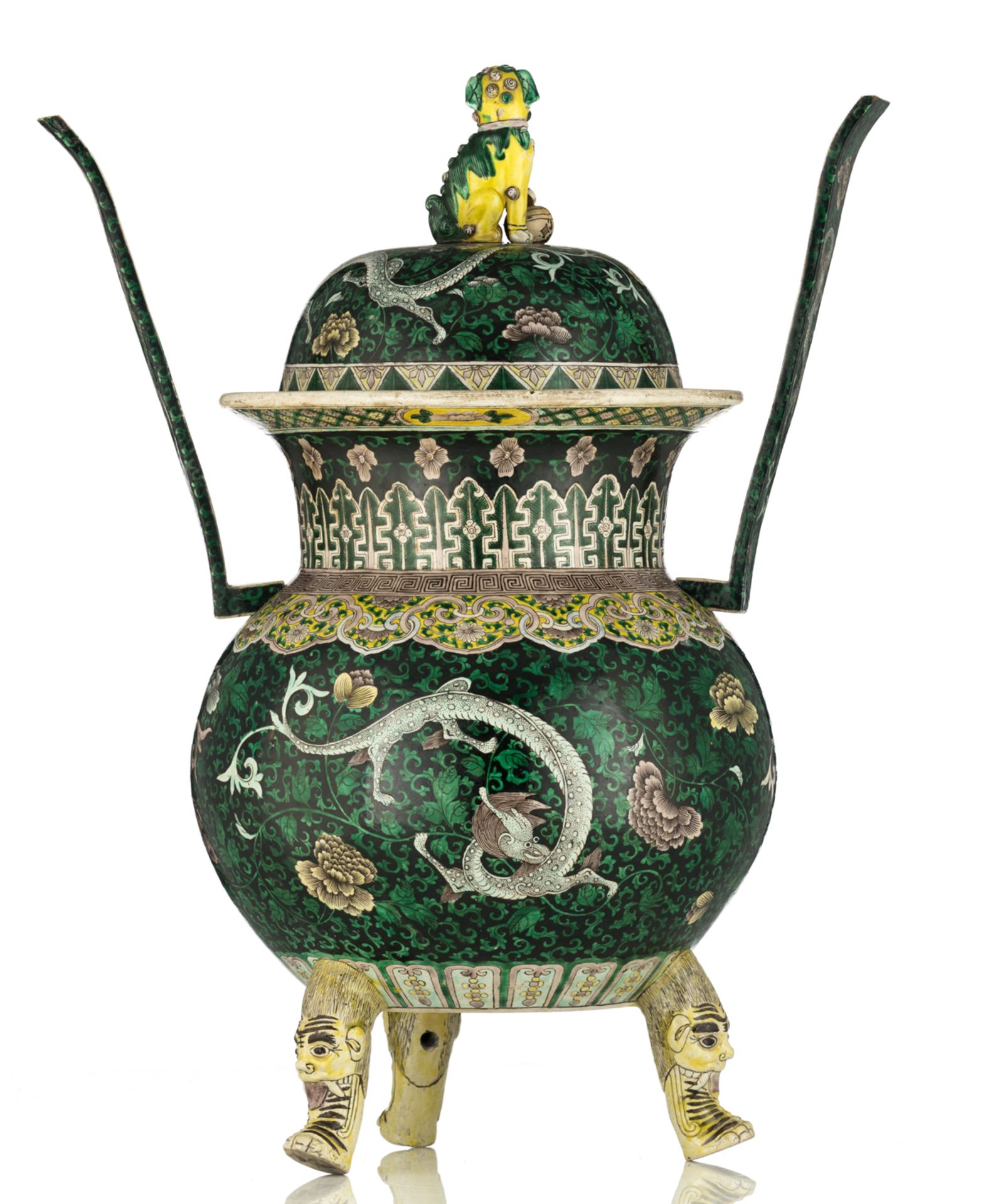 A Chinese tripod incense burner, famille verte decorated with dragons amongst undulating tendrils an - Image 3 of 8