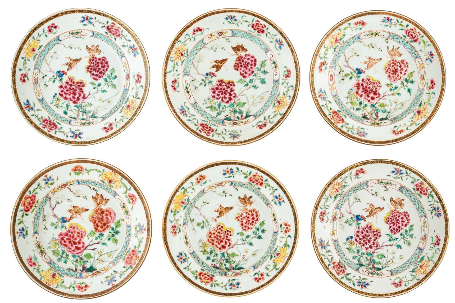 Six Chinese famille rose dishes, decorated with flowers and butterflies, 18thC, ø 23 cm