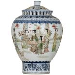 A Chinese blue and white and famille rose incense burner, decorated with a gallant garden scene, wit