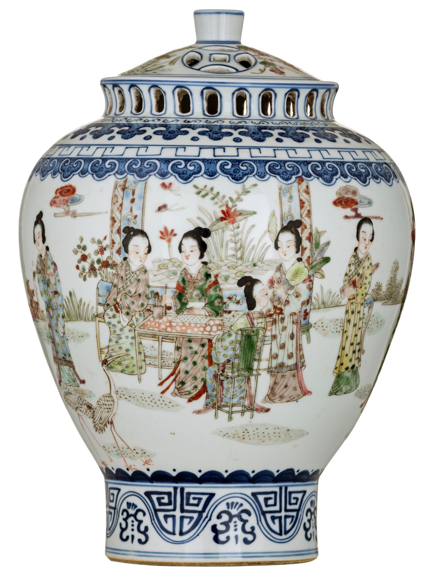 A Chinese blue and white and famille rose incense burner, decorated with a gallant garden scene, wit