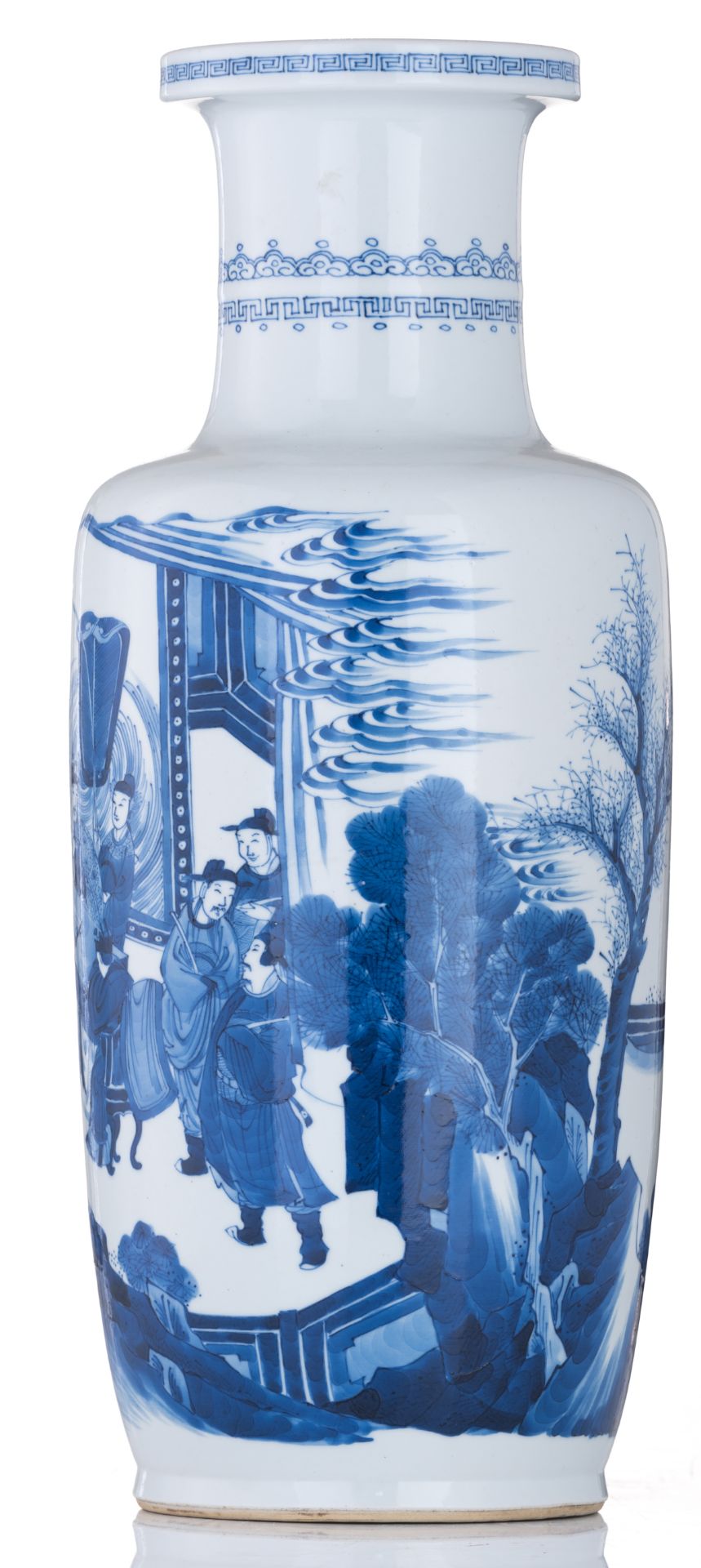 A Chinese blue and white rouleau vase, decorated with a scene referring to the mythical or historica - Image 3 of 6