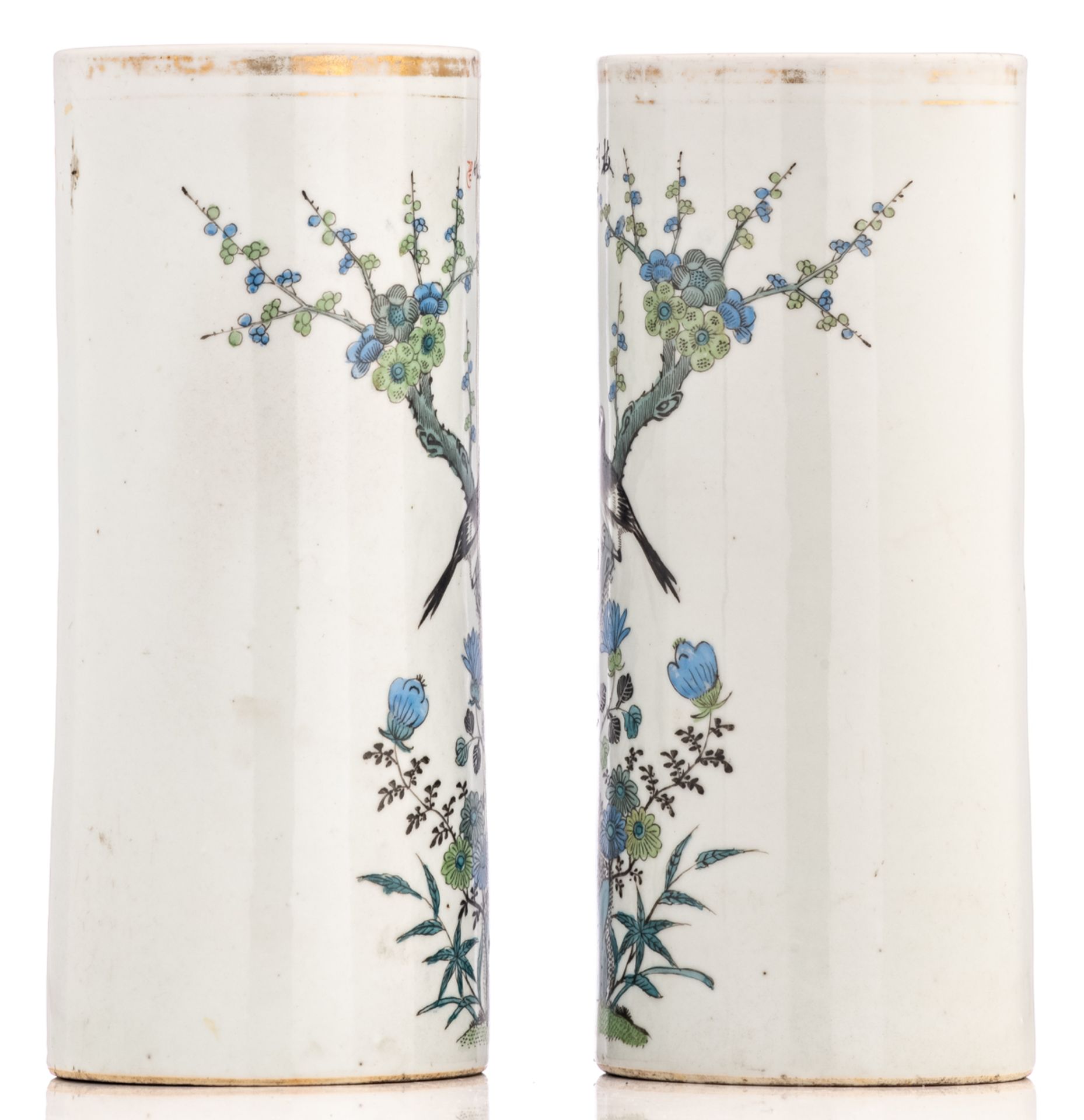A pair of Chinese polychrome cylindrical vases, decorated with a rock, a bird and flower branches, m - Image 2 of 6