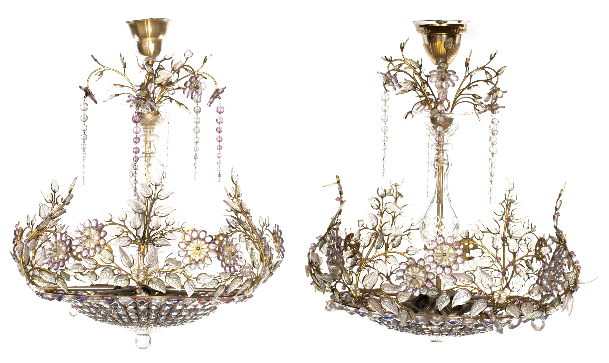 A pair of chandeliers of the sac à perles type with floral white and purple coloured cut glass decor