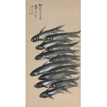 A scroll depicting a shoal of fish, signed, 69,5 x 138 (without frame) - 80,5 - 191 cm (with frame)