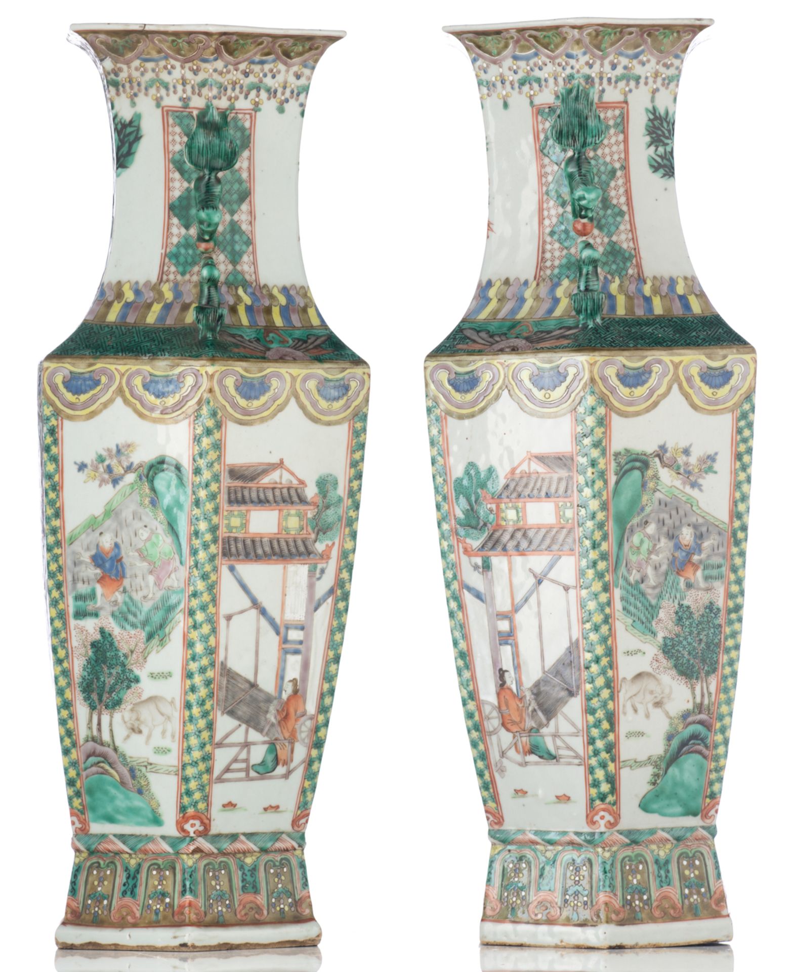 A pair of Chinese famille verte hexagonal vases, the panels decorated with daily life scenes, 19thC, - Bild 2 aus 6