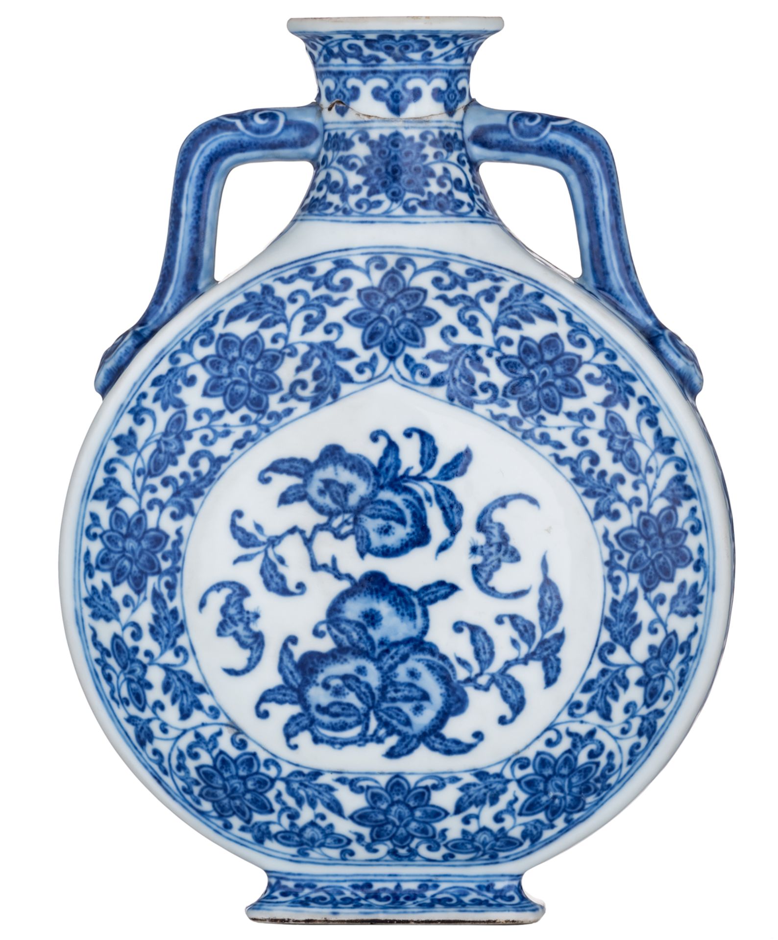 A Chinese blue and white moon flask, decorated with bats and scrolling lotus, the medallion with pea