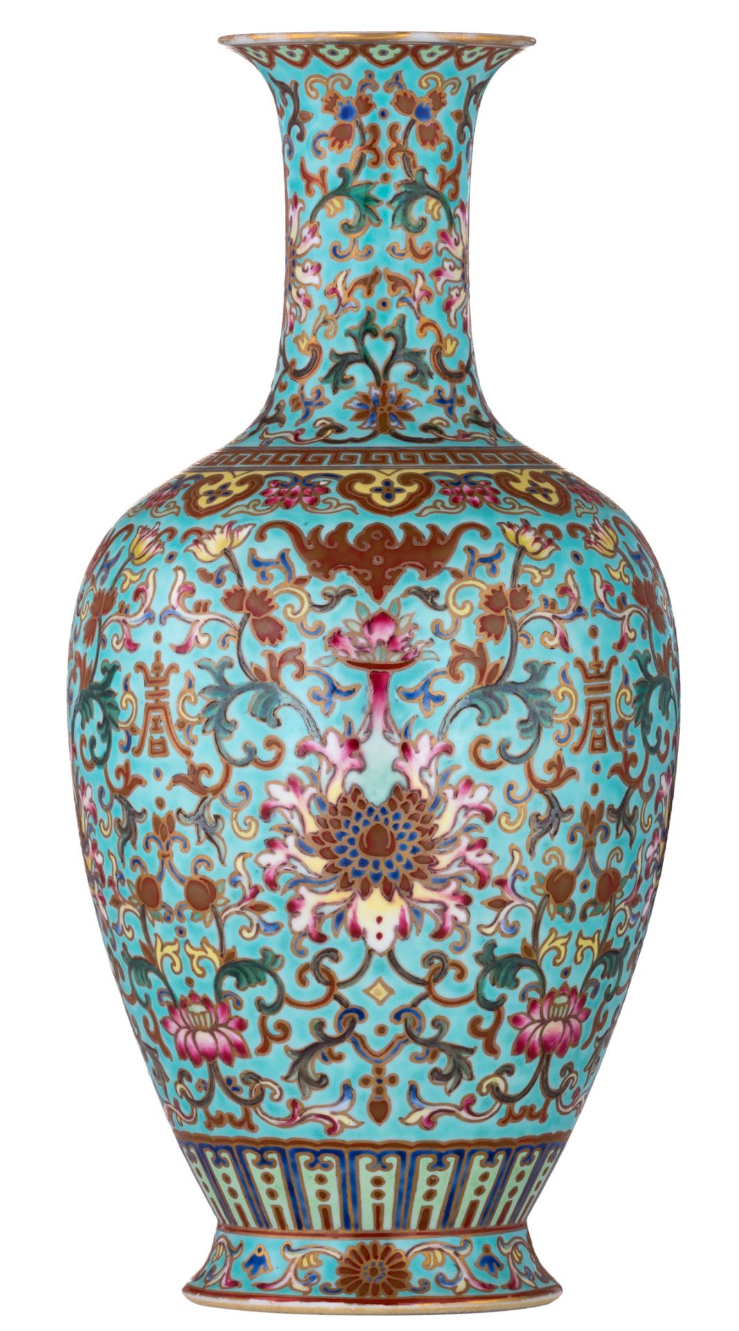 A Chinese gilt and polychrome enamelled porcelain vase, decorated with flower scrolls, a bat and a "