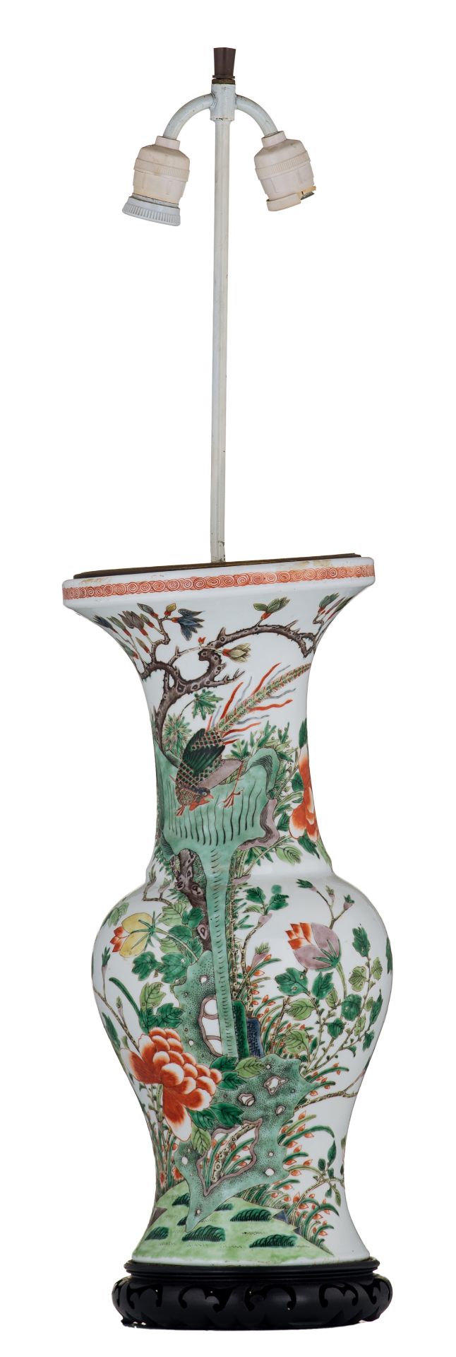 A Chinese famille verte vase, decorated with birds and a flower branch, 19thC, H 49 (with stand) - 8