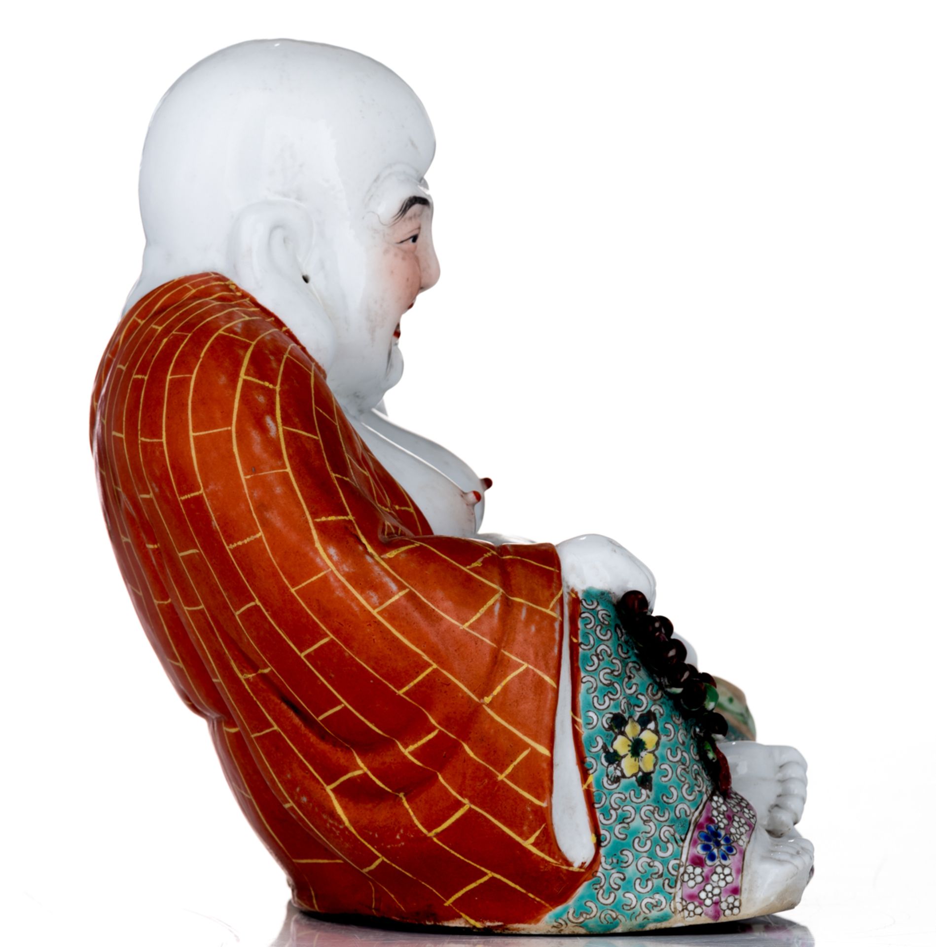 A Chinese polychrome seated Budai, marked, H 24 cm - Bild 4 aus 7