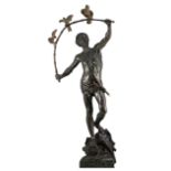 De Wever Aug., 'L'Oiseleur Indou' (the birdcatcher), green patinated bronze, H 87,3 cm