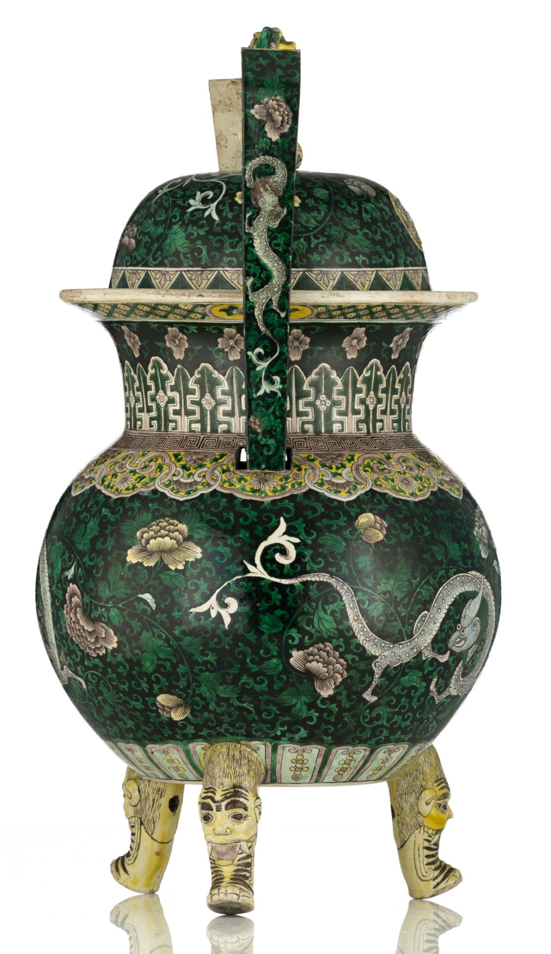 A Chinese tripod incense burner, famille verte decorated with dragons amongst undulating tendrils an - Image 4 of 8
