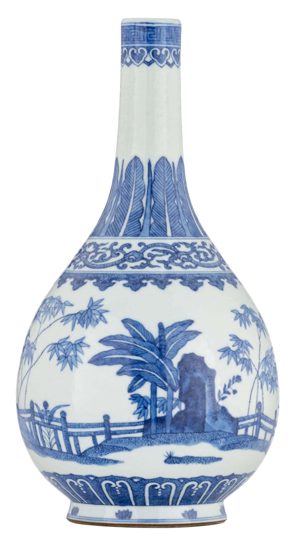 A Chinese blue and white bottle vase, overall decorated with rocks, leaves and bamboo, marked Guangx