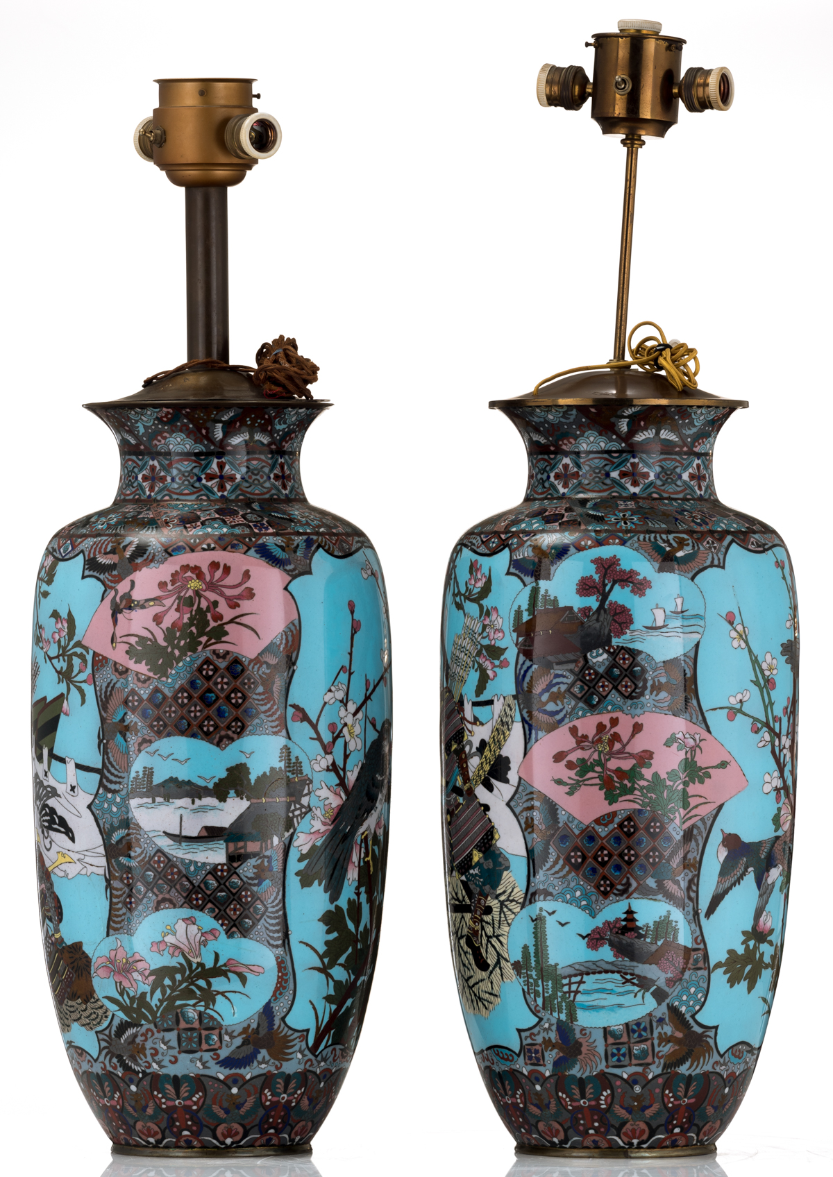 Two Japanese pale blue ground cloisonné enamel vases, the panels decorated with birds on flower bran - Image 2 of 7