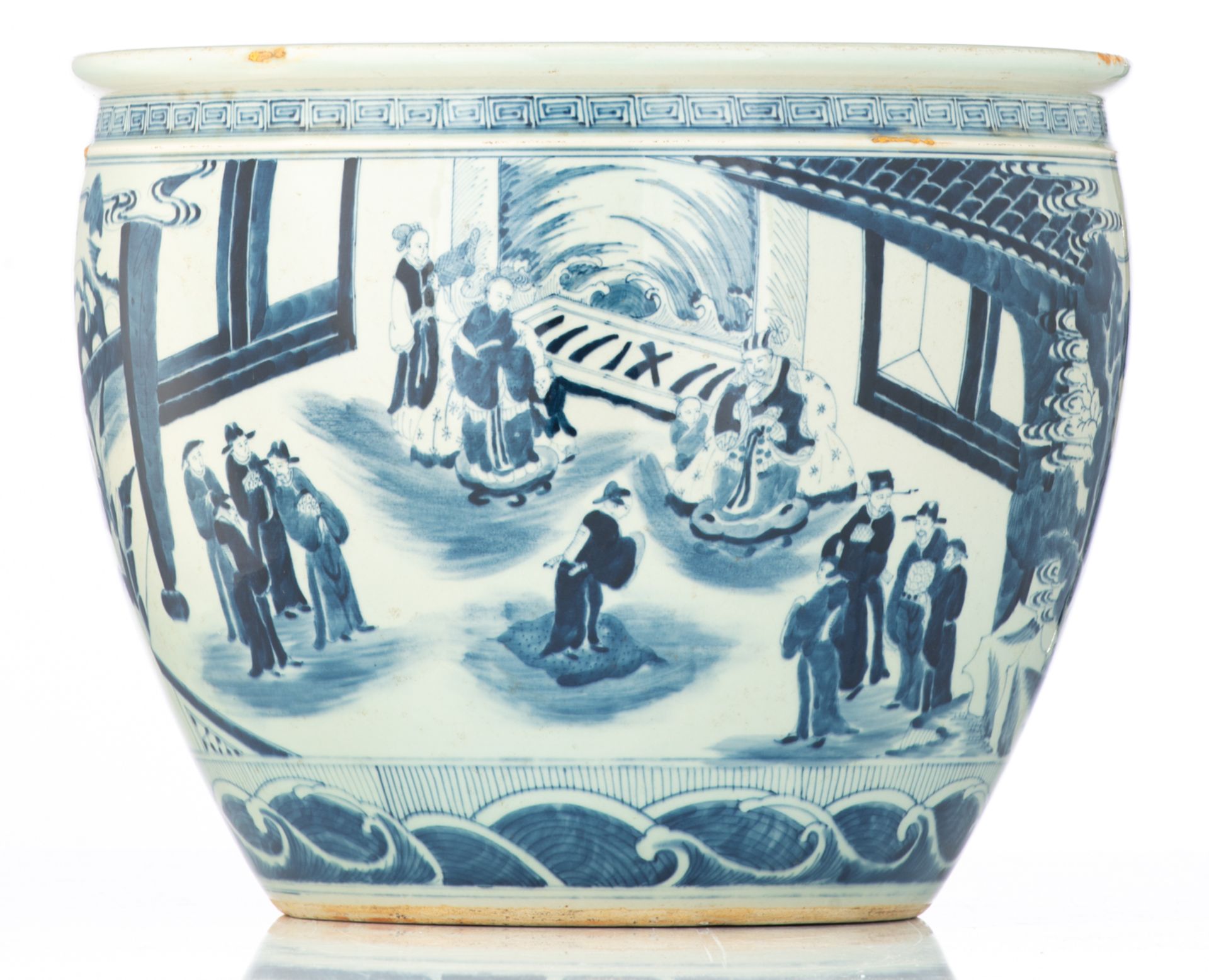 A Chinese blue and white jardiniere, decorated with daily life scenes, H 33 - ø 41,5 cm - Bild 2 aus 7