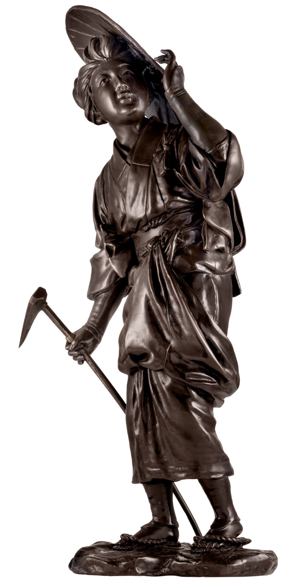 A Japanese bronze statue, depicting a farmer, marked, about 1900, H 67 cm