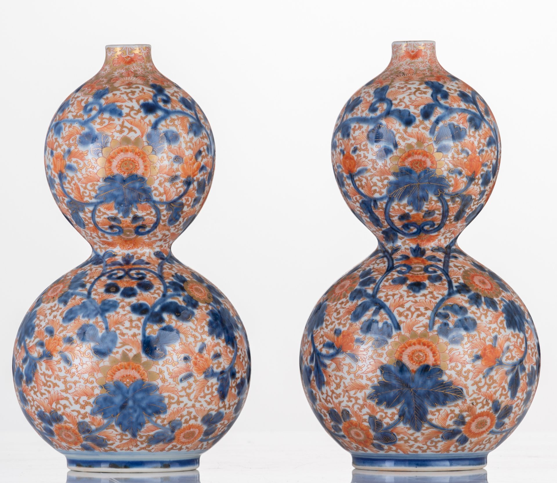 A fine pair of two Japanese Arita Imari double gourd vases, decorated with flower branches, later 18 - Image 2 of 6