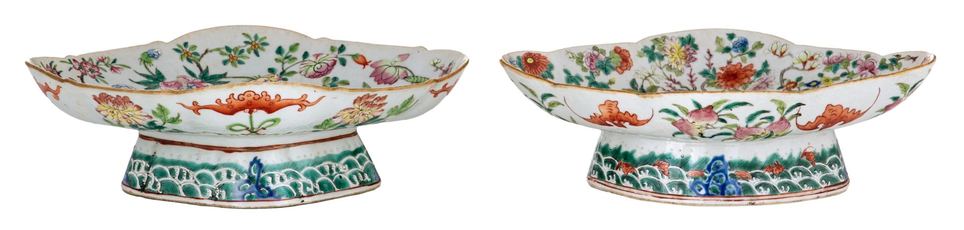 Two Chinese famille rose and polychrome footed plates, decorated with flowers, bats and auspicious s