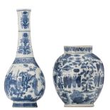 A Japanese Arita blue and white jar, decorated with figures in a Chinese style landscape, late 17 th